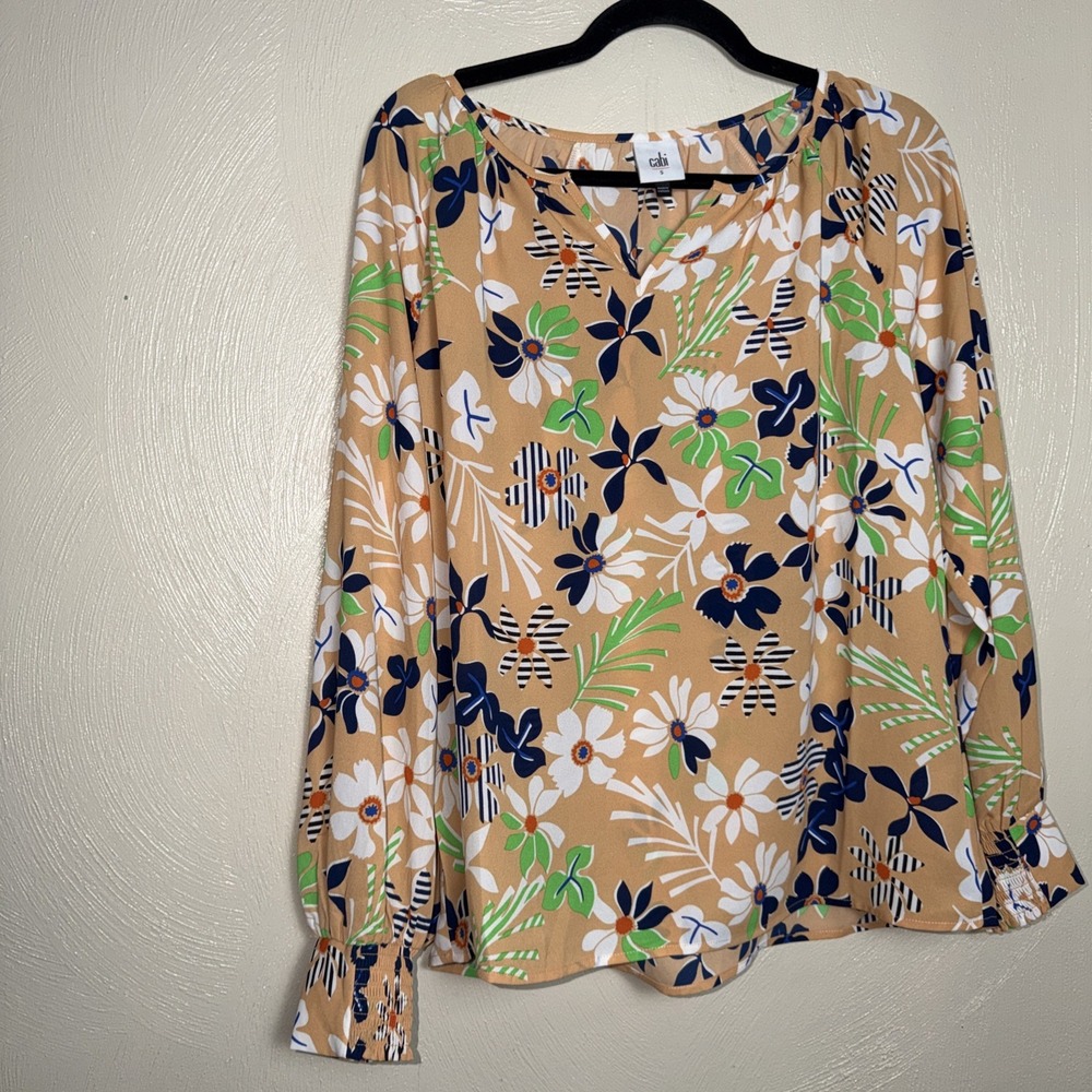 Cabi Multi Color Floral Print V Neck, Peasent Sleeve Pull Over Top Small - Picture 2 of 6